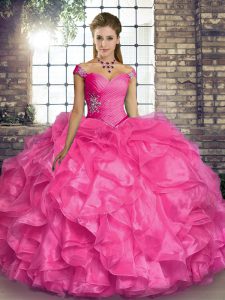 Modest Sleeveless Organza Floor Length Lace Up Sweet 16 Dress in Hot Pink with Beading and Ruffles