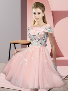 Pink Empire Appliques Dama Dress Lace Up Tulle Short Sleeves Knee Length