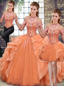 Custom Made Beading and Ruffles Quinceanera Gown Orange Lace Up Sleeveless Floor Length