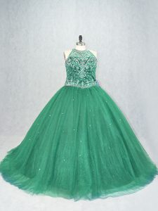 Scoop Sleeveless 15 Quinceanera Dress Brush Train Beading Green Tulle