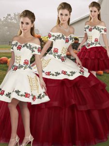 Perfect Off The Shoulder Sleeveless Brush Train Lace Up Sweet 16 Dresses Wine Red Tulle
