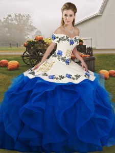 Simple Royal Blue Lace Up Quinceanera Gown Embroidery and Ruffles Sleeveless Floor Length