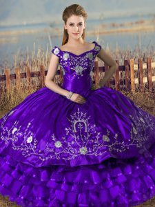 Romantic Purple Lace Up Off The Shoulder Embroidery and Ruffled Layers Sweet 16 Dresses Satin and Organza Sleeveless