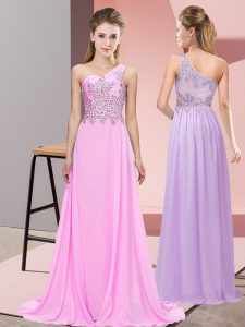 Pink Empire Chiffon One Shoulder Sleeveless Beading Floor Length Side Zipper Evening Dress