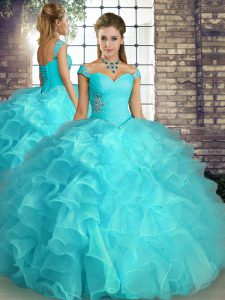 Most Popular Floor Length Aqua Blue Ball Gown Prom Dress Off The Shoulder Sleeveless Lace Up