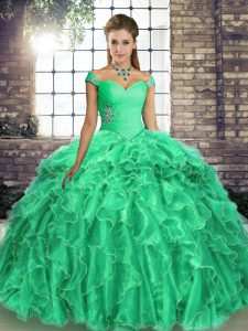 Turquoise Organza Lace Up Quinceanera Gowns Sleeveless Brush Train Beading and Ruffles
