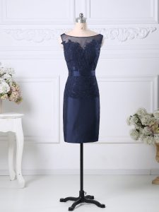Custom Designed Scoop Sleeveless Prom Dress Knee Length Beading and Lace Navy Blue Satin