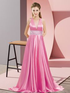 Superior Empire Sleeveless Rose Pink Prom Gown Brush Train Backless