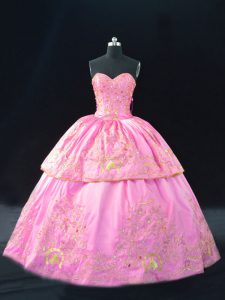 Fine Satin Sweetheart Sleeveless Lace Up Embroidery Quinceanera Gowns in Rose Pink