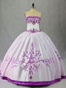 Elegant White And Purple Ball Gowns Strapless Sleeveless Satin Floor Length Lace Up Embroidery Sweet 16 Quinceanera Dress