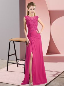 Spectacular Chiffon Scoop Sleeveless Zipper Beading Prom Evening Gown in Hot Pink