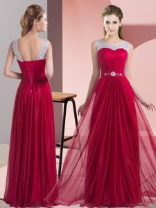 Custom Made Wine Red Quinceanera Court Dresses Wedding Party with Beading and Belt Scoop Sleeveless Lace Up