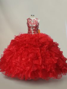 Elegant Ruffles and Sequins Sweet 16 Dress Red Lace Up Sleeveless Floor Length