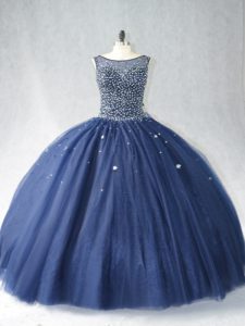 Inexpensive Scoop Sleeveless Zipper Sweet 16 Dresses Navy Blue Tulle