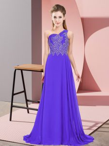 Purple Chiffon Side Zipper One Shoulder Sleeveless Floor Length Dress for Prom Beading