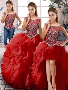 Sumptuous Red Zipper Scoop Beading and Ruffles Quinceanera Dresses Organza Sleeveless