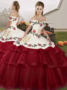 Beauteous Embroidery and Ruffled Layers Ball Gown Prom Dress Wine Red Lace Up Sleeveless Brush Train