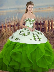 Custom Made Green Sleeveless Floor Length Embroidery and Ruffles and Bowknot Lace Up 15 Quinceanera Dress