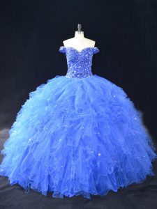 Shining Blue Lace Up Sweet 16 Dresses Beading and Ruffles Sleeveless Floor Length