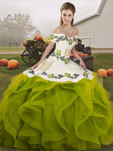 Trendy Sleeveless Tulle Floor Length Lace Up 15th Birthday Dress in Olive Green with Embroidery and Ruffles