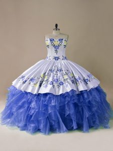 Luxury Sleeveless Embroidery and Ruffles Lace Up Sweet 16 Quinceanera Dress with Blue And White Brush Train