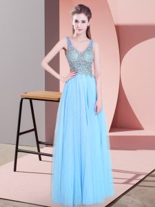 Popular Baby Blue Sleeveless Beading Floor Length Dress for Prom