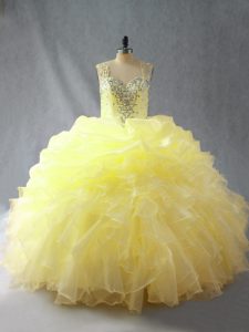 Elegant Beading and Ruffles Quinceanera Gown Yellow Zipper Sleeveless Floor Length