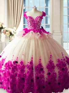 Ideal Fuchsia Zipper Ball Gown Prom Dress Hand Made Flower Sleeveless Brush Train