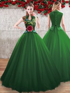 Stunning Green Tulle Lace Up V-neck Sleeveless Floor Length Ball Gown Prom Dress Hand Made Flower