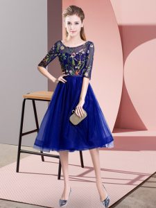 Knee Length Lace Up Damas Dress Blue for Wedding Party with Embroidery