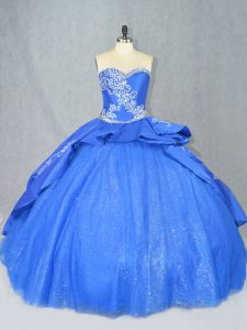 Customized Sweetheart Sleeveless Quince Ball Gowns Court Train Beading and Embroidery Blue Tulle