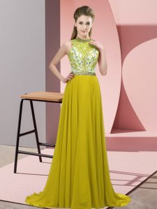 Olive Green Sleeveless Chiffon Brush Train Backless Prom Gown for Prom and Party