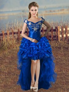 Dynamic Royal Blue Lace Up Off The Shoulder Embroidery and Ruffles Dress for Prom Organza Sleeveless