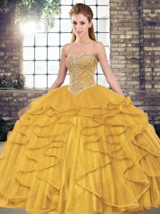 Floor Length Ball Gowns Sleeveless Gold Vestidos de Quinceanera Lace Up