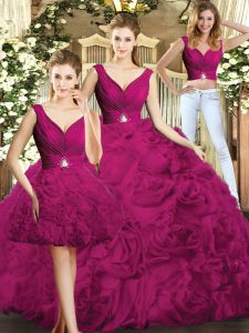 Flirting Fuchsia 15th Birthday Dress Military Ball and Sweet 16 and Quinceanera with Beading V-neck Sleeveless Backless