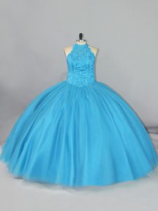 Aqua Blue Halter Top Neckline Beading and Lace Quinceanera Dresses Sleeveless Lace Up