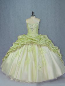 Ideal Lace Up Quinceanera Gowns Yellow Green for Sweet 16 and Quinceanera with Beading and Appliques Brush Train