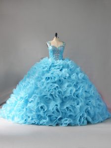 Baby Blue Ball Gowns Fabric With Rolling Flowers Straps Sleeveless Beading and Ruffles Zipper Quinceanera Gowns Court Train
