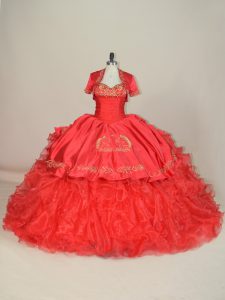 Popular Red 15 Quinceanera Dress Sweet 16 and Quinceanera with Embroidery and Ruffles Sweetheart Sleeveless Brush Train Lace Up