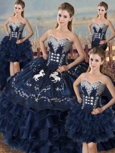 Navy Blue Ball Gowns Embroidery and Ruffles Ball Gown Prom Dress Lace Up Organza Sleeveless Floor Length