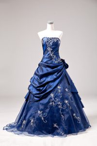 Blue Lace Up One Shoulder Embroidery and Hand Made Flower Quinceanera Gowns Sleeveless