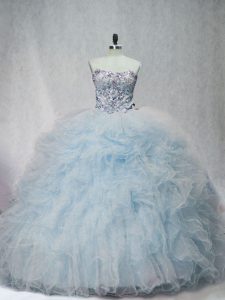Suitable Lace Up 15th Birthday Dress Light Blue for Sweet 16 and Quinceanera with Beading and Ruffles Brush Train