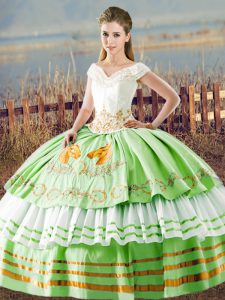 Admirable V-neck Sleeveless Quinceanera Dress Floor Length Embroidery and Ruffled Layers Satin