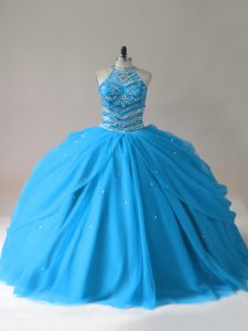 Custom Made Baby Blue Lace Up Quinceanera Gowns Beading Sleeveless Floor Length