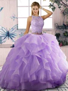 Decent Lavender Scoop Neckline Beading and Ruffles Vestidos de Quinceanera Sleeveless Zipper