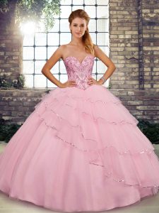 Baby Pink Ball Gowns Beading and Ruffled Layers Sweet 16 Dress Lace Up Tulle Sleeveless