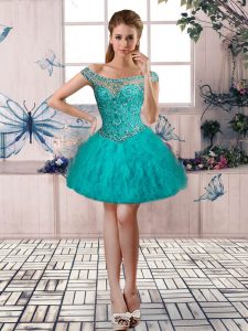 Teal Tulle Lace Up Homecoming Dress Sleeveless Mini Length Beading and Ruffles