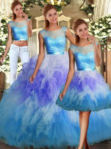 Tulle Sleeveless Floor Length Vestidos de Quinceanera and Lace and Ruffles