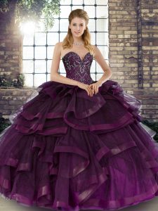 Tulle Sweetheart Sleeveless Lace Up Beading and Ruffles Quinceanera Gown in Dark Purple