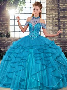 Flirting Blue Lace Up Halter Top Beading and Ruffles Quinceanera Gown Tulle Sleeveless